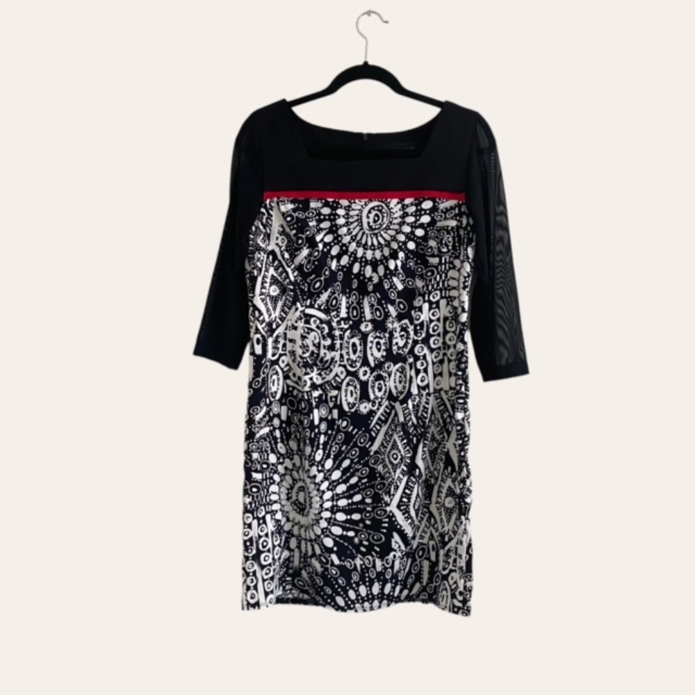 Connected Apparel Black White Dress Geometric Print Sheer 3/4 Sleeves, Size L